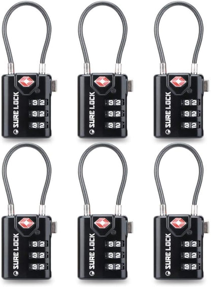 SURE LOCK TSA Approved Luggage Locks with Open Alert Indicator, 3 Digit Combination Cable Travel Lock for Suitcase, Backpack & Travel Bag, Black
