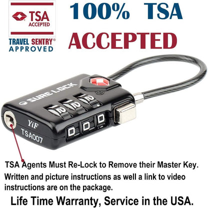 SURE LOCK TSA Approved Luggage Locks with Open Alert Indicator, 3 Digit Combination Cable Travel Lock for Suitcase, Backpack & Travel Bag, Black