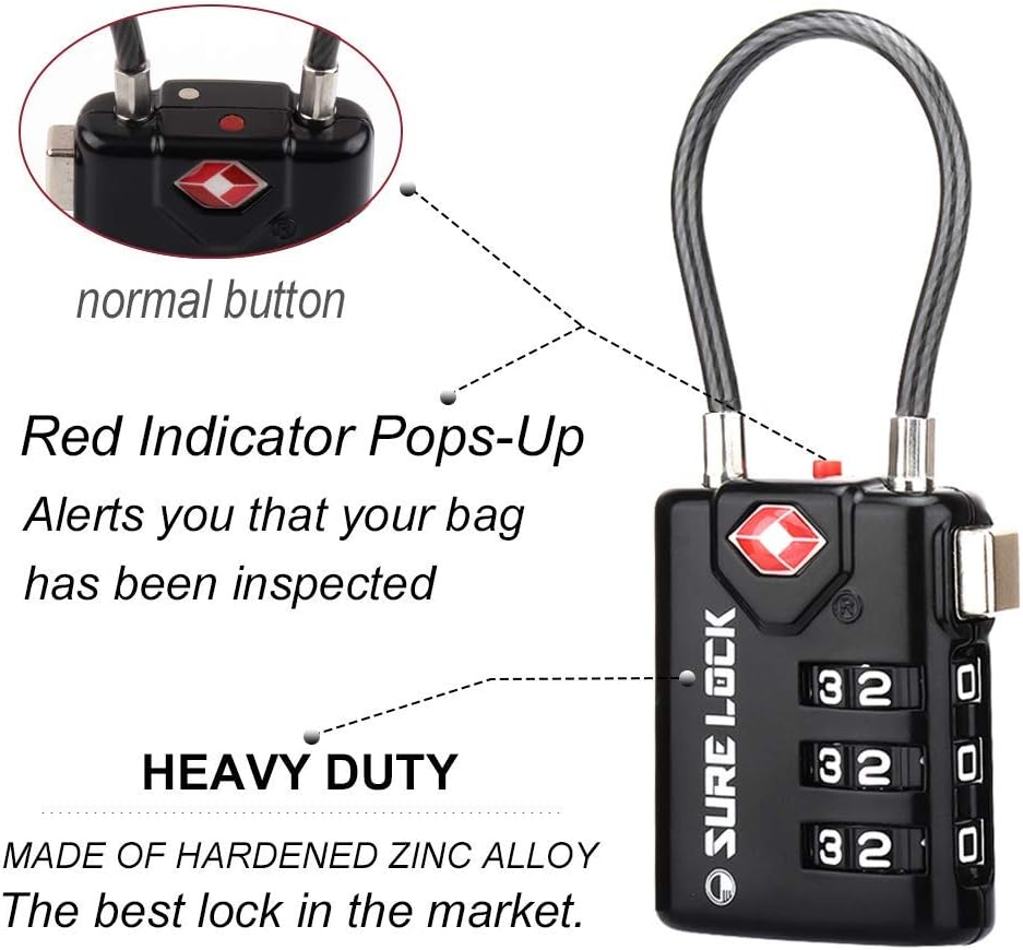 SURE LOCK TSA Approved Luggage Locks with Open Alert Indicator, 3 Digit Combination Cable Travel Lock for Suitcase, Backpack & Travel Bag, Black