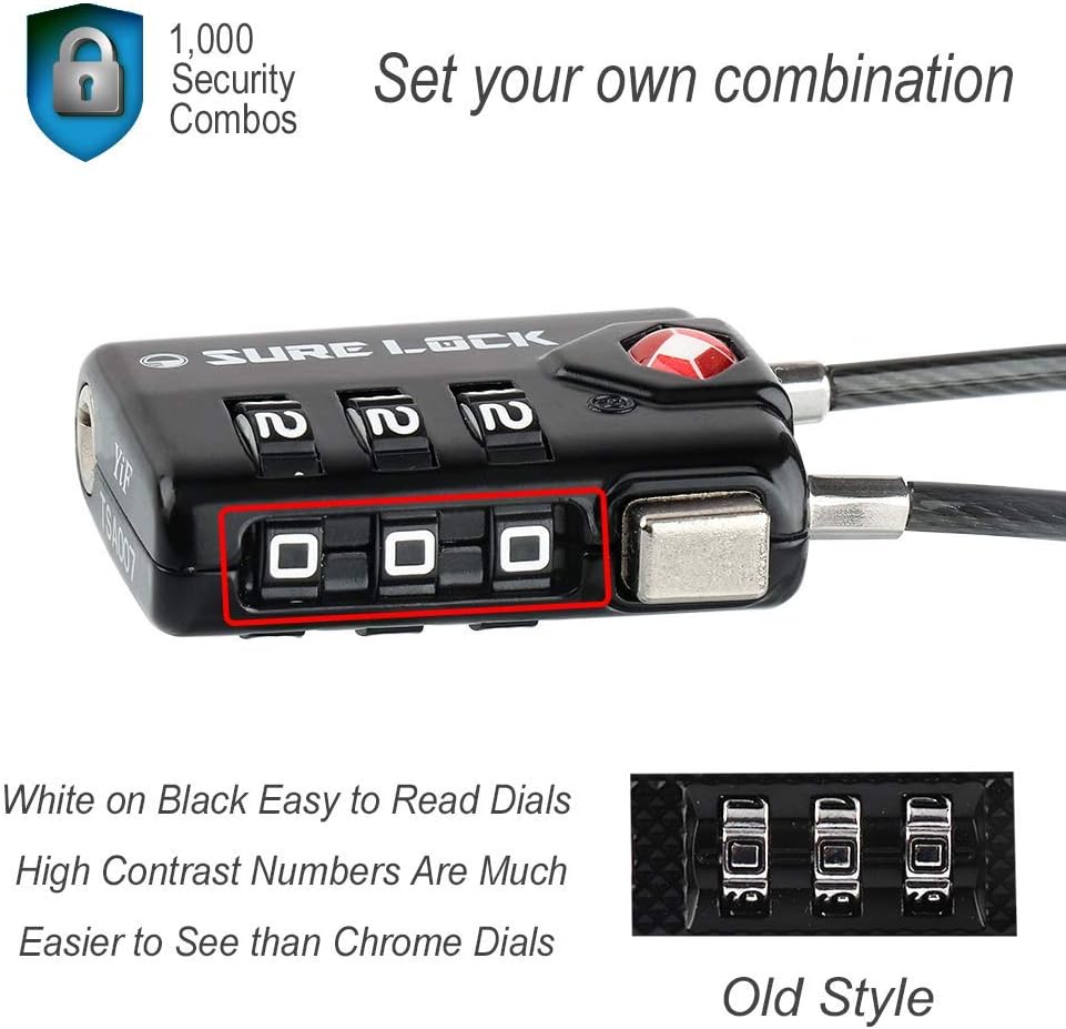 SURE LOCK TSA Approved Luggage Locks with Open Alert Indicator, 3 Digit Combination Cable Travel Lock for Suitcase, Backpack & Travel Bag, Black