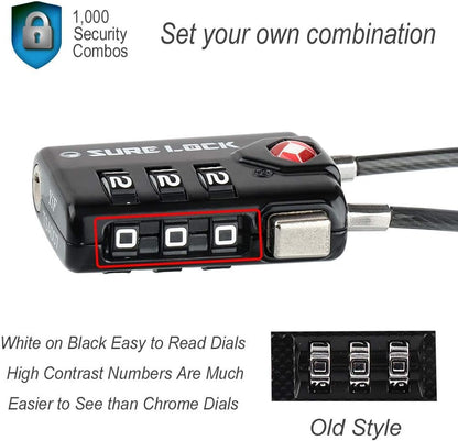 SURE LOCK TSA Approved Luggage Locks with Open Alert Indicator, 3 Digit Combination Cable Travel Lock for Suitcase, Backpack & Travel Bag, Black