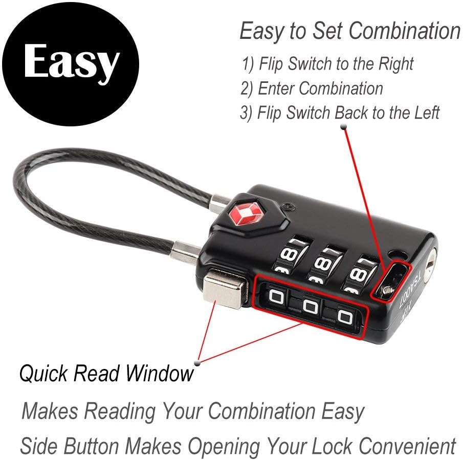 SURE LOCK TSA Approved Luggage Locks with Open Alert Indicator, 3 Digit Combination Cable Travel Lock for Suitcase, Backpack & Travel Bag, Black