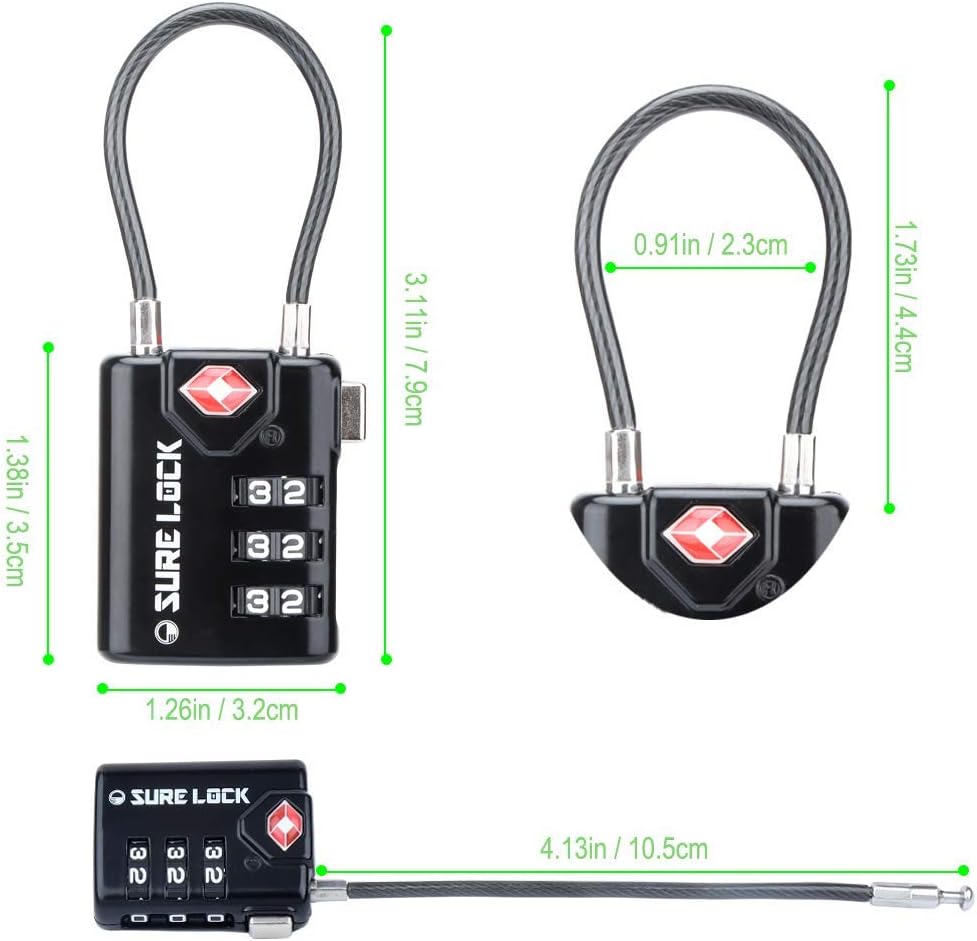 SURE LOCK TSA Approved Luggage Locks with Open Alert Indicator, 3 Digit Combination Cable Travel Lock for Suitcase, Backpack & Travel Bag, Black