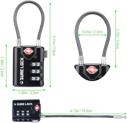 SURE LOCK TSA Approved Luggage Locks with Open Alert Indicator, 3 Digit Combination Cable Travel Lock for Suitcase, Backpack & Travel Bag, Black
