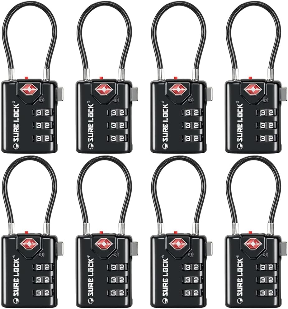 SURE LOCK TSA Approved Luggage Locks with Open Alert Indicator, 3 Digit Combination Cable Travel Lock for Suitcase, Backpack & Travel Bag, Black
