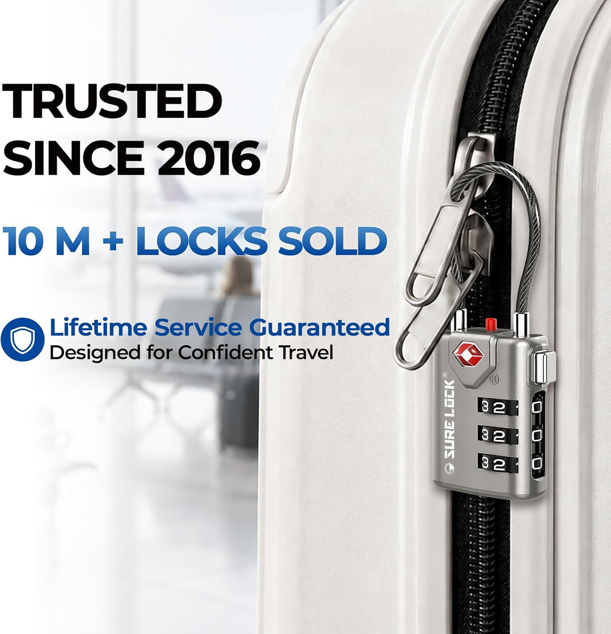 SURE LOCK TSA Approved Luggage Locks with Open Alert Indicator, 3 Digit Combination Cable Travel Lock for Suitcase, Backpack & Travel Bag, Black