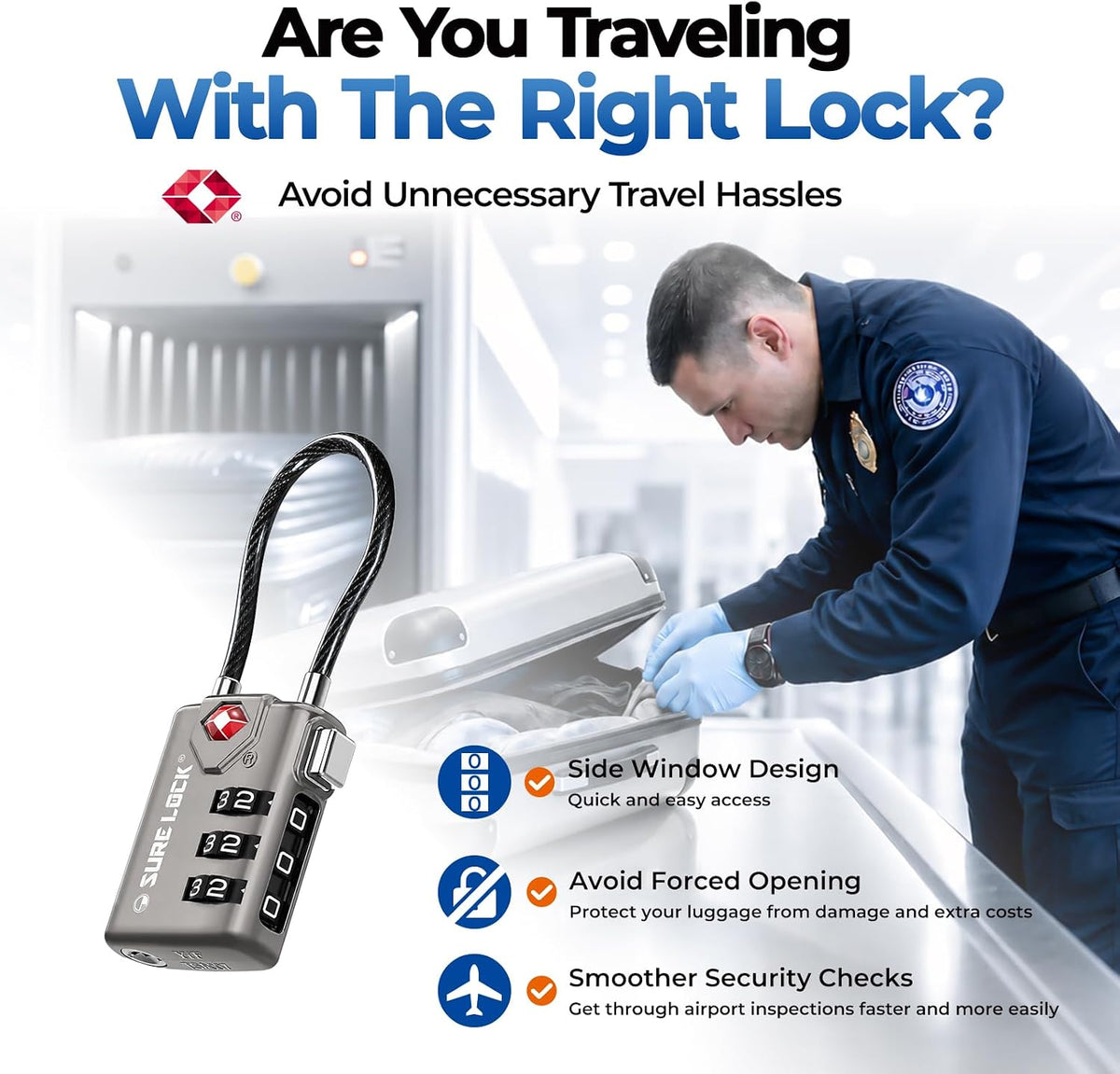 SURE LOCK TSA Approved Luggage Locks with Open Alert Indicator, 3 Digit Combination Cable Travel Lock for Suitcase, Backpack & Travel Bag, Black
