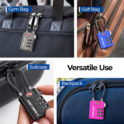 SURE LOCK TSA Approved Luggage Locks with Open Alert Indicator, 3 Digit Combination Cable Travel Lock for Suitcase, Backpack & Travel Bag, Black