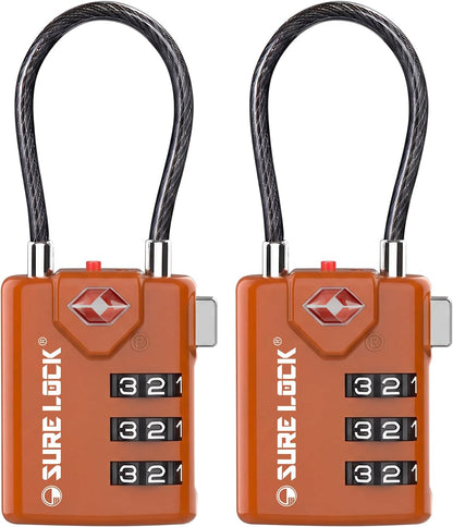 SURE LOCK TSA Approved Luggage Locks with Open Alert Indicator, 3 Digit Combination Cable Travel Lock for Suitcase, Backpack & Travel Bag, Black