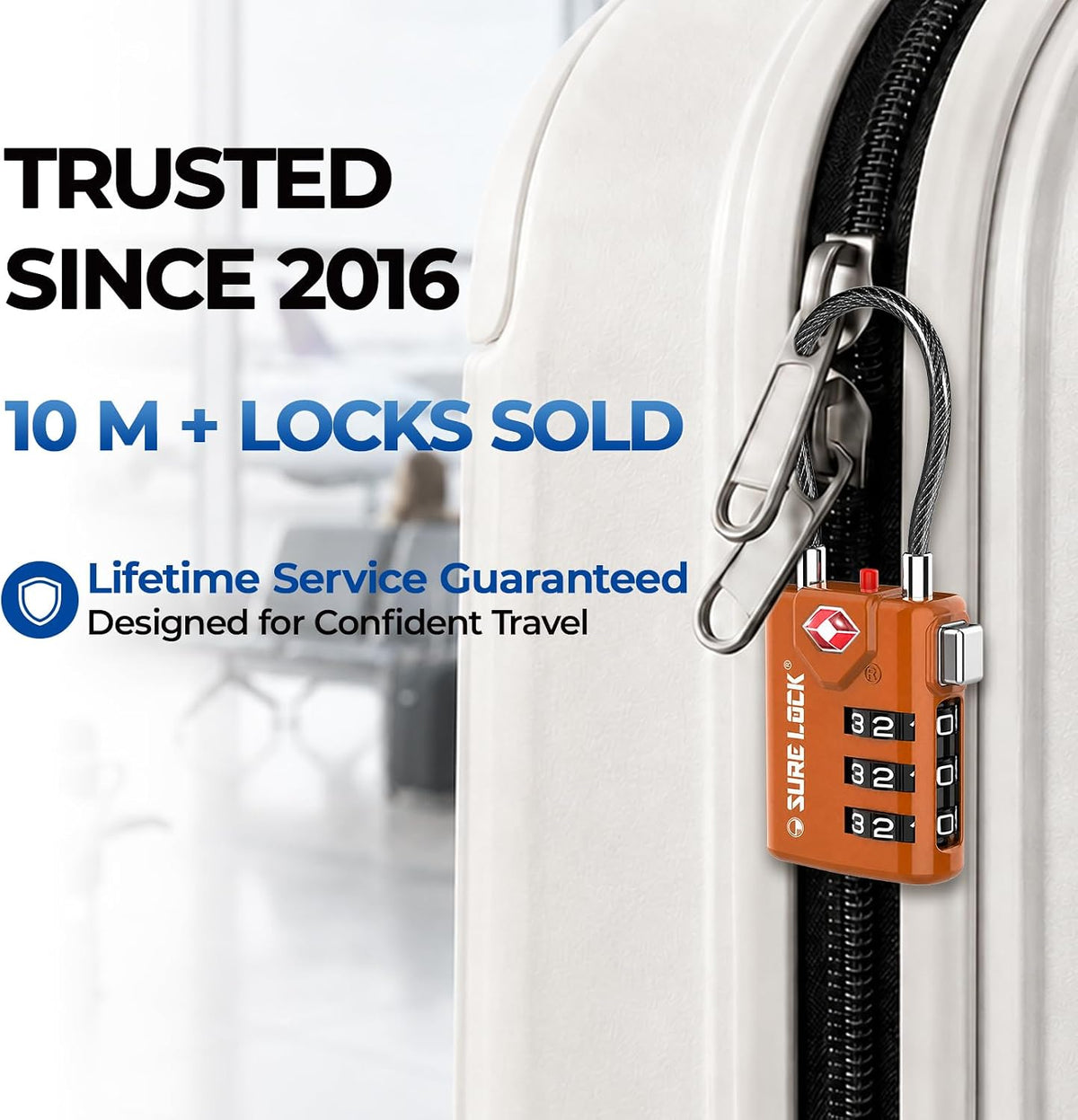 SURE LOCK TSA Approved Luggage Locks with Open Alert Indicator, 3 Digit Combination Cable Travel Lock for Suitcase, Backpack & Travel Bag, Black