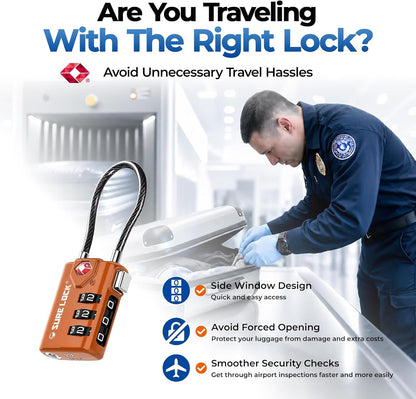 SURE LOCK TSA Approved Luggage Locks with Open Alert Indicator, 3 Digit Combination Cable Travel Lock for Suitcase, Backpack & Travel Bag, Black
