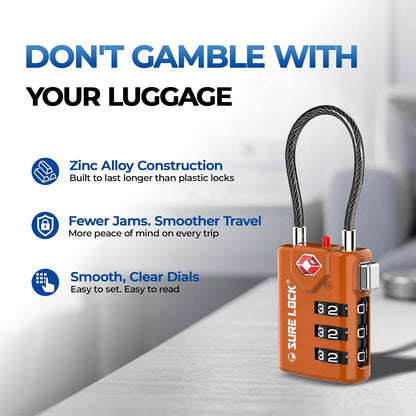 SURE LOCK TSA Approved Luggage Locks with Open Alert Indicator, 3 Digit Combination Cable Travel Lock for Suitcase, Backpack & Travel Bag, Black