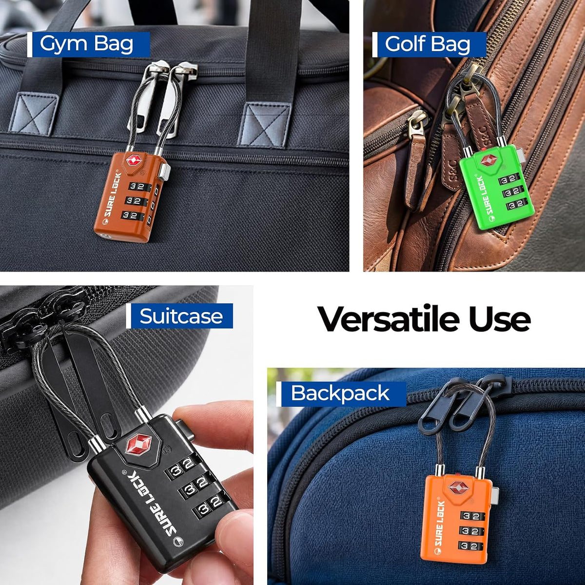 SURE LOCK TSA Approved Luggage Locks with Open Alert Indicator, 3 Digit Combination Cable Travel Lock for Suitcase, Backpack & Travel Bag, Black