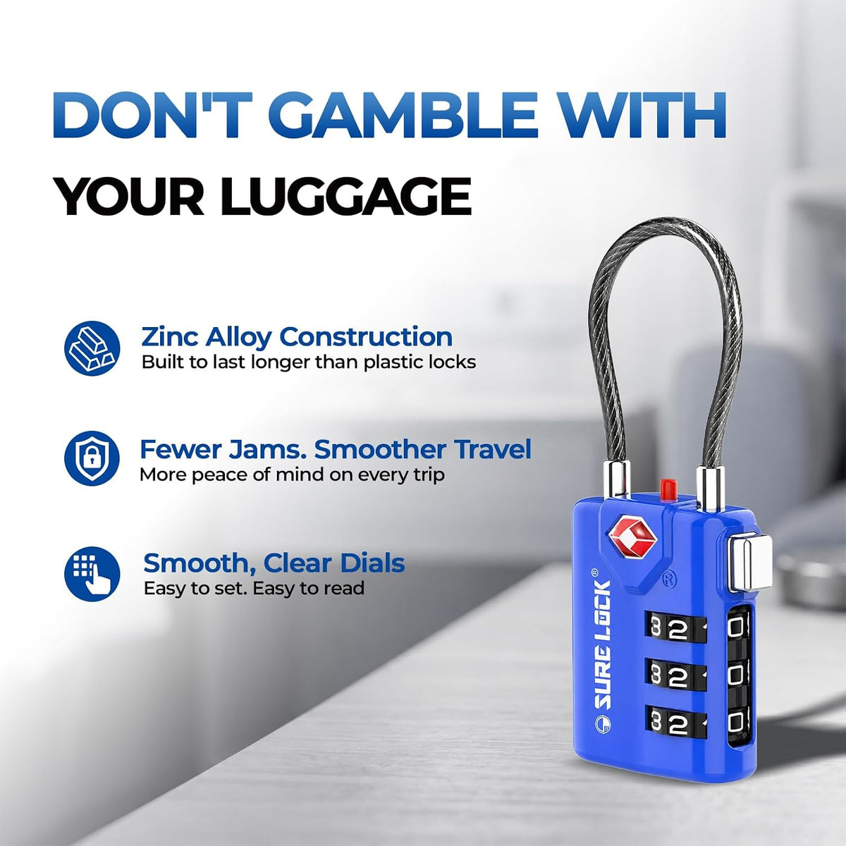 SURE LOCK TSA Approved Luggage Locks with Open Alert Indicator, 3 Digit Combination Cable Travel Lock for Suitcase, Backpack & Travel Bag, Black