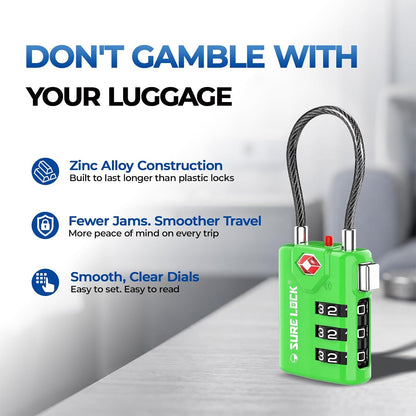 SURE LOCK TSA Approved Luggage Locks with Open Alert Indicator, 3 Digit Combination Cable Travel Lock for Suitcase, Backpack & Travel Bag, Black