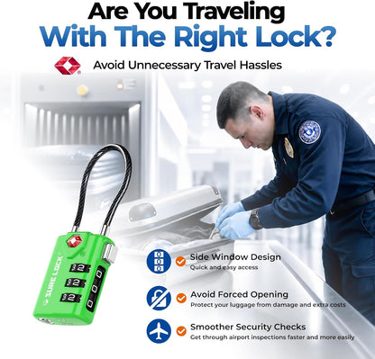 SURE LOCK TSA Approved Luggage Locks with Open Alert Indicator, 3 Digit Combination Cable Travel Lock for Suitcase, Backpack & Travel Bag, Black