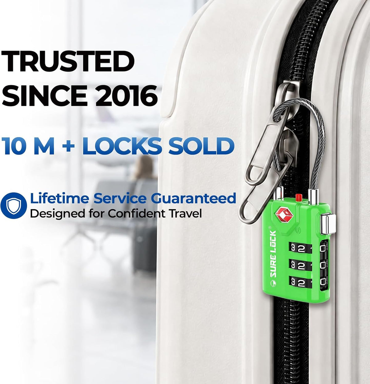 SURE LOCK TSA Approved Luggage Locks with Open Alert Indicator, 3 Digit Combination Cable Travel Lock for Suitcase, Backpack & Travel Bag, Black
