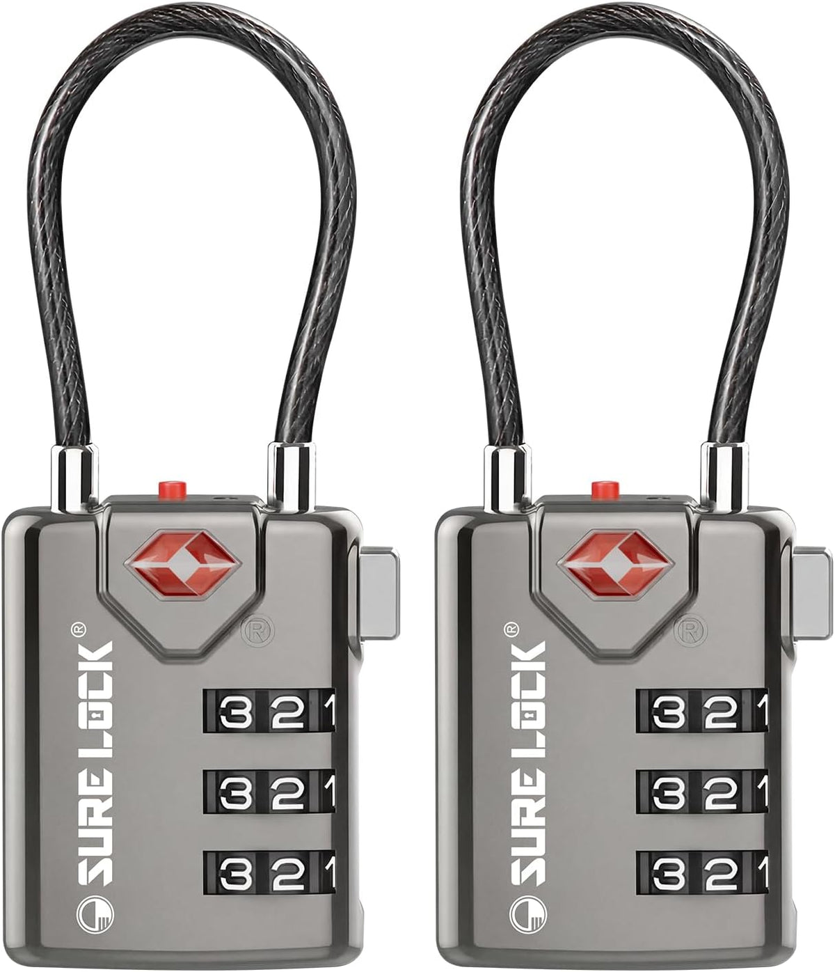 SURE LOCK TSA Approved Luggage Locks with Open Alert Indicator, 3 Digit Combination Cable Travel Lock for Suitcase, Backpack & Travel Bag, Black