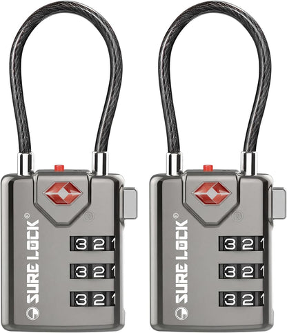 SURE LOCK TSA Approved Luggage Locks with Open Alert Indicator, 3 Digit Combination Cable Travel Lock for Suitcase, Backpack & Travel Bag, Black