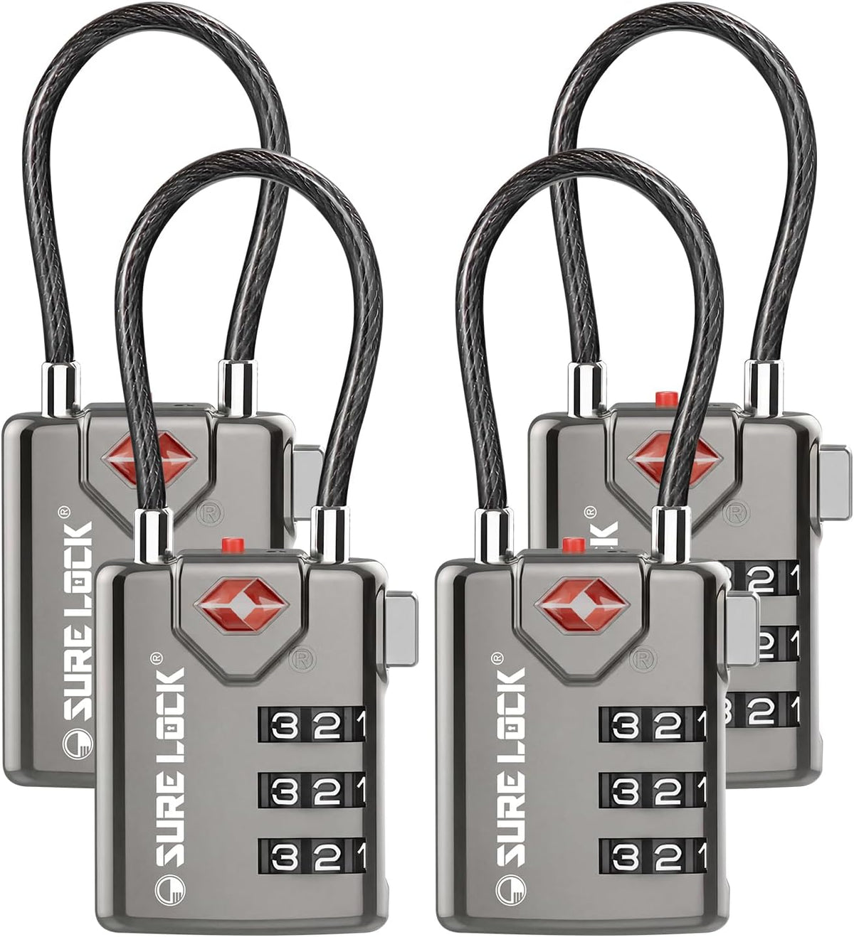 SURE LOCK TSA Approved Luggage Locks with Open Alert Indicator, 3 Digit Combination Cable Travel Lock for Suitcase, Backpack & Travel Bag, Black