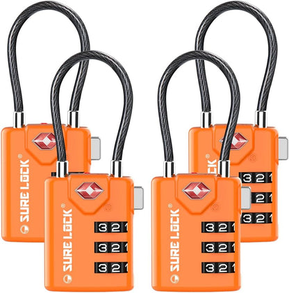 SURE LOCK TSA Approved Luggage Locks with Open Alert Indicator, 3 Digit Combination Cable Travel Lock for Suitcase, Backpack & Travel Bag, Black
