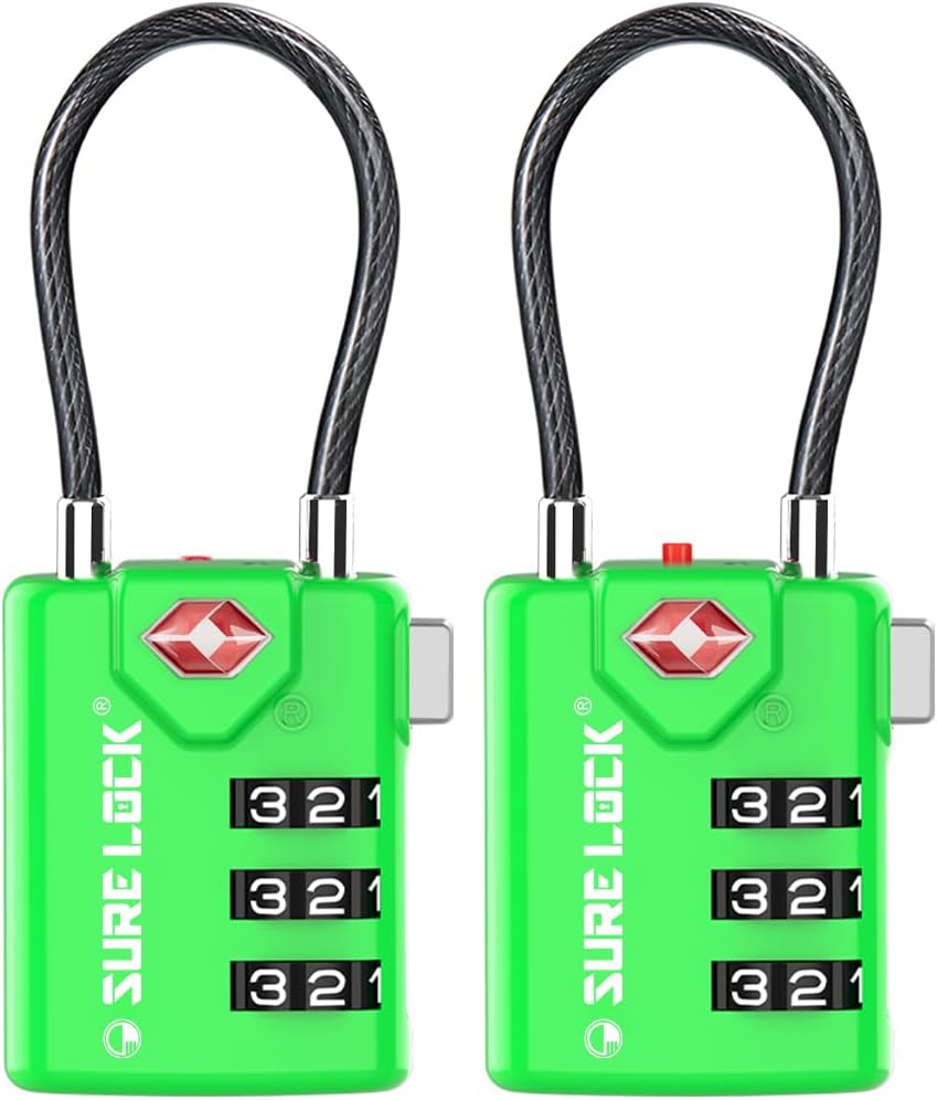 SURE LOCK TSA Approved Luggage Locks with Open Alert Indicator, 3 Digit Combination Cable Travel Lock for Suitcase, Backpack & Travel Bag, Black
