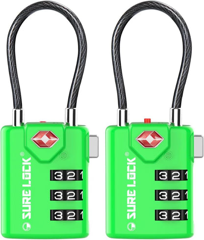 SURE LOCK TSA Approved Luggage Locks with Open Alert Indicator, 3 Digit Combination Cable Travel Lock for Suitcase, Backpack & Travel Bag, Black
