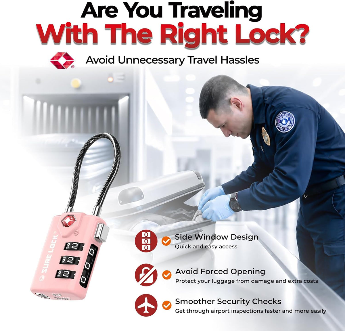 SURE LOCK TSA Approved Luggage Locks with Open Alert Indicator, 3 Digit Combination Cable Travel Lock for Suitcase, Backpack & Travel Bag, Black