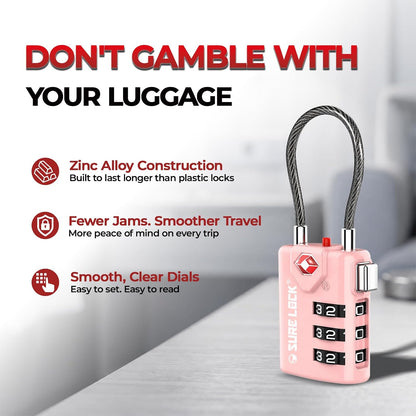 SURE LOCK TSA Approved Luggage Locks with Open Alert Indicator, 3 Digit Combination Cable Travel Lock for Suitcase, Backpack & Travel Bag, Black