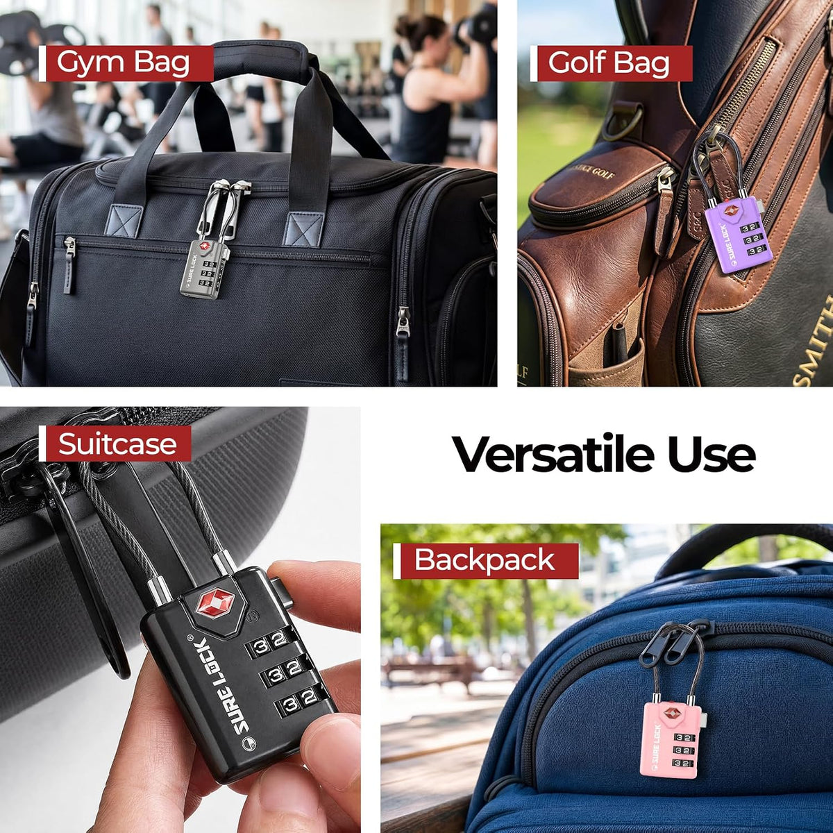 SURE LOCK TSA Approved Luggage Locks with Open Alert Indicator, 3 Digit Combination Cable Travel Lock for Suitcase, Backpack & Travel Bag, Black