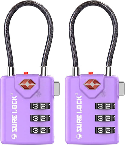 SURE LOCK TSA Approved Luggage Locks with Open Alert Indicator, 3 Digit Combination Cable Travel Lock for Suitcase, Backpack & Travel Bag, Black