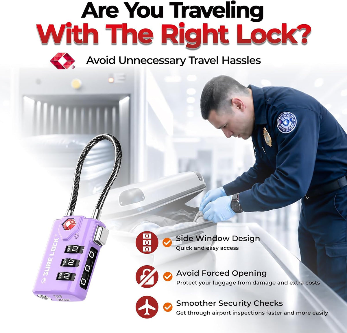 SURE LOCK TSA Approved Luggage Locks with Open Alert Indicator, 3 Digit Combination Cable Travel Lock for Suitcase, Backpack & Travel Bag, Black