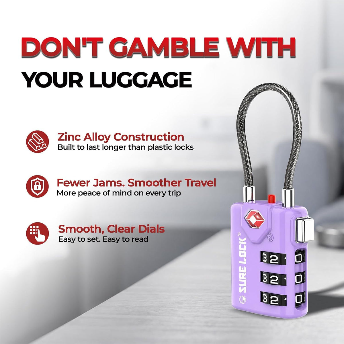 SURE LOCK TSA Approved Luggage Locks with Open Alert Indicator, 3 Digit Combination Cable Travel Lock for Suitcase, Backpack & Travel Bag, Black