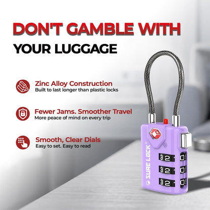 SURE LOCK TSA Approved Luggage Locks with Open Alert Indicator, 3 Digit Combination Cable Travel Lock for Suitcase, Backpack & Travel Bag, Black