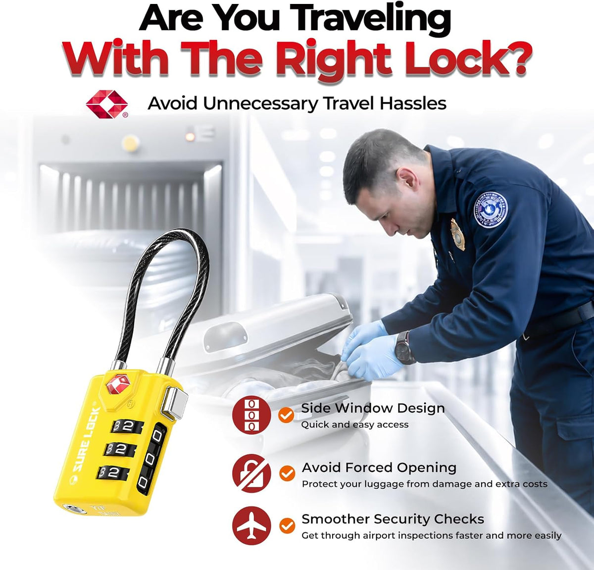 SURE LOCK TSA Approved Luggage Locks with Open Alert Indicator, 3 Digit Combination Cable Travel Lock for Suitcase, Backpack & Travel Bag, Black