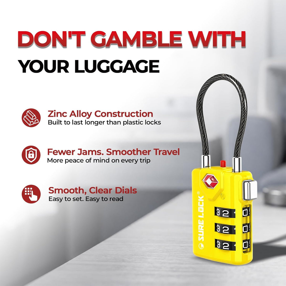 SURE LOCK TSA Approved Luggage Locks with Open Alert Indicator, 3 Digit Combination Cable Travel Lock for Suitcase, Backpack & Travel Bag, Black