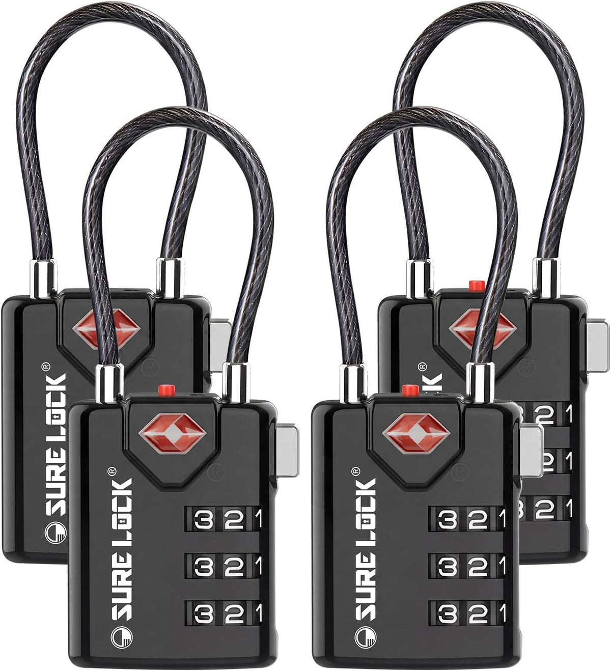SURE LOCK TSA Approved Luggage Locks with Open Alert Indicator, 3 Digit Combination Cable Travel Lock for Suitcase, Backpack & Travel Bag, Black