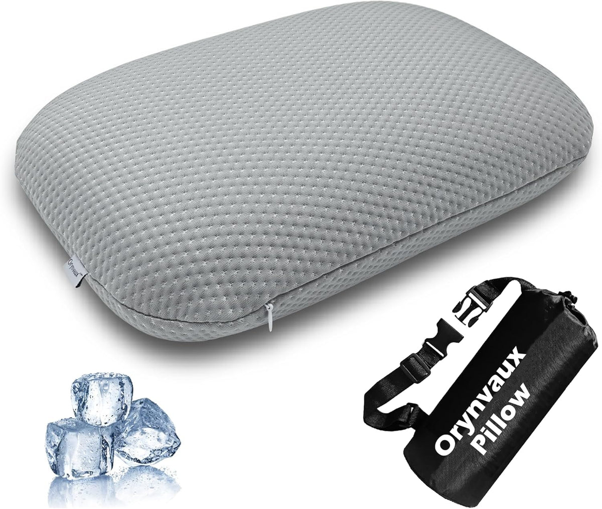 Cooling Travel Pillow, Small Memory Foam Camping Pillow with Adjustable Buckle Strap & Storage Bag, Compact Small Pillow for Airplane, Car Lumbar, Office, Washable Cooling Cover, Quarry Grey