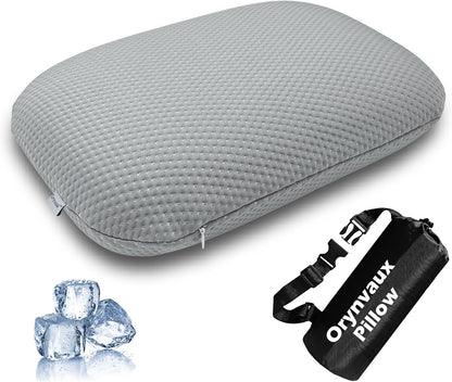 Cooling Travel Pillow, Small Memory Foam Camping Pillow with Adjustable Buckle Strap & Storage Bag, Compact Small Pillow for Airplane, Car Lumbar, Office, Washable Cooling Cover, Quarry Grey