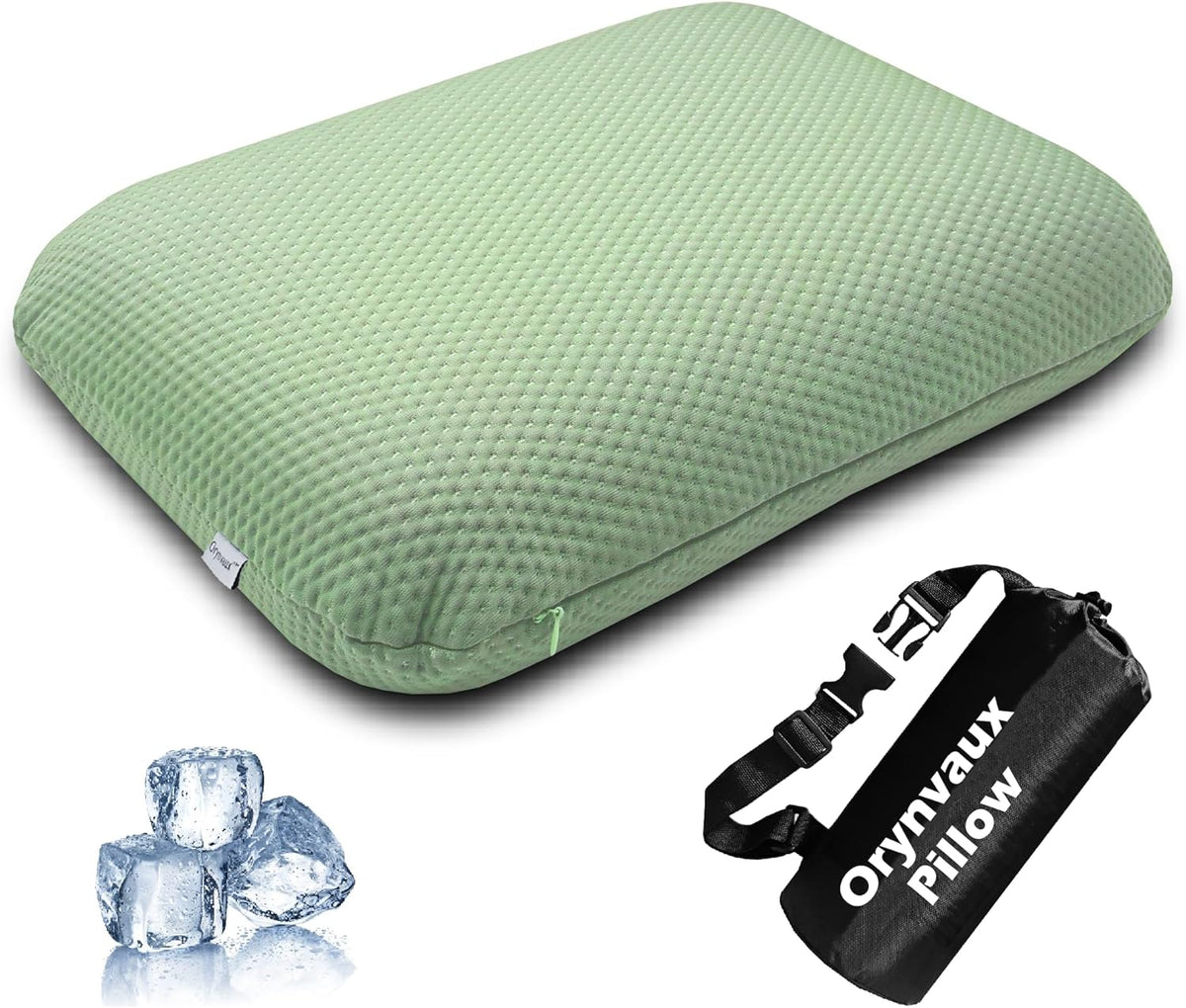 Cooling Travel Pillow, Small Memory Foam Camping Pillow with Adjustable Buckle Strap & Storage Bag, Compact Small Pillow for Airplane, Car Lumbar, Office, Washable Cooling Cover, Quarry Grey