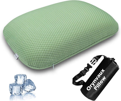 Cooling Travel Pillow, Small Memory Foam Camping Pillow with Adjustable Buckle Strap & Storage Bag, Compact Small Pillow for Airplane, Car Lumbar, Office, Washable Cooling Cover, Quarry Grey