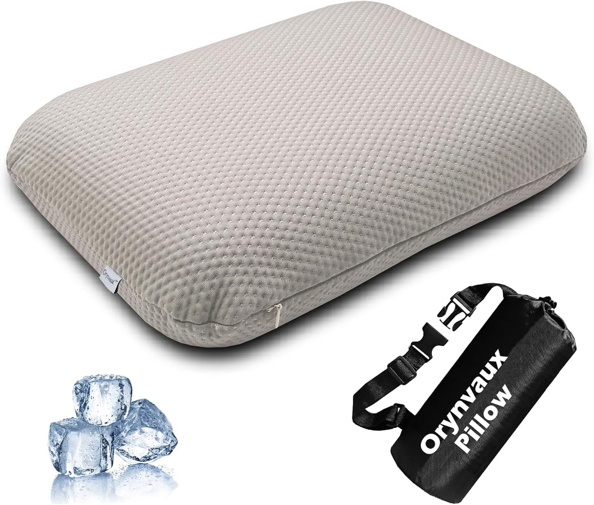 Cooling Travel Pillow, Small Memory Foam Camping Pillow with Adjustable Buckle Strap & Storage Bag, Compact Small Pillow for Airplane, Car Lumbar, Office, Washable Cooling Cover, Quarry Grey