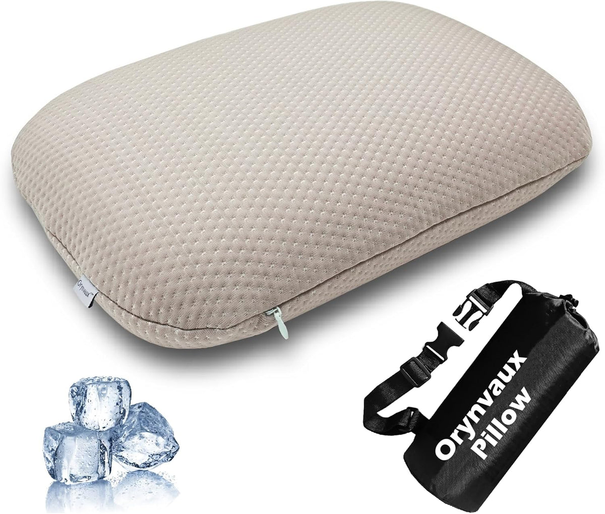 Cooling Travel Pillow, Small Memory Foam Camping Pillow with Adjustable Buckle Strap & Storage Bag, Compact Small Pillow for Airplane, Car Lumbar, Office, Washable Cooling Cover, Quarry Grey