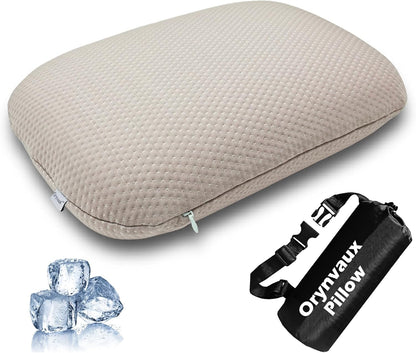 Cooling Travel Pillow, Small Memory Foam Camping Pillow with Adjustable Buckle Strap & Storage Bag, Compact Small Pillow for Airplane, Car Lumbar, Office, Washable Cooling Cover, Quarry Grey
