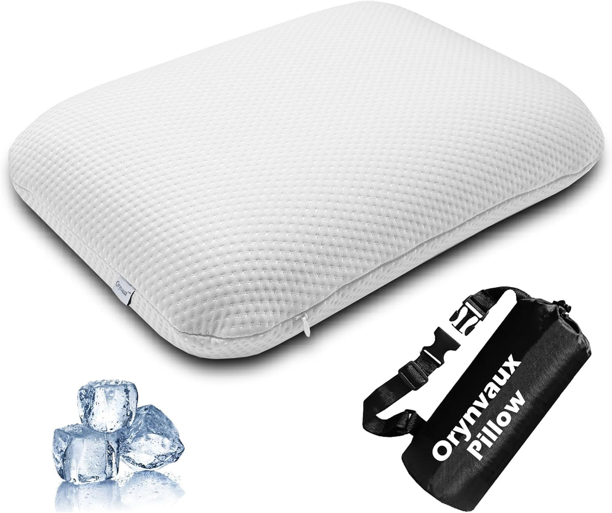 Cooling Travel Pillow, Small Memory Foam Camping Pillow with Adjustable Buckle Strap & Storage Bag, Compact Small Pillow for Airplane, Car Lumbar, Office, Washable Cooling Cover, Quarry Grey