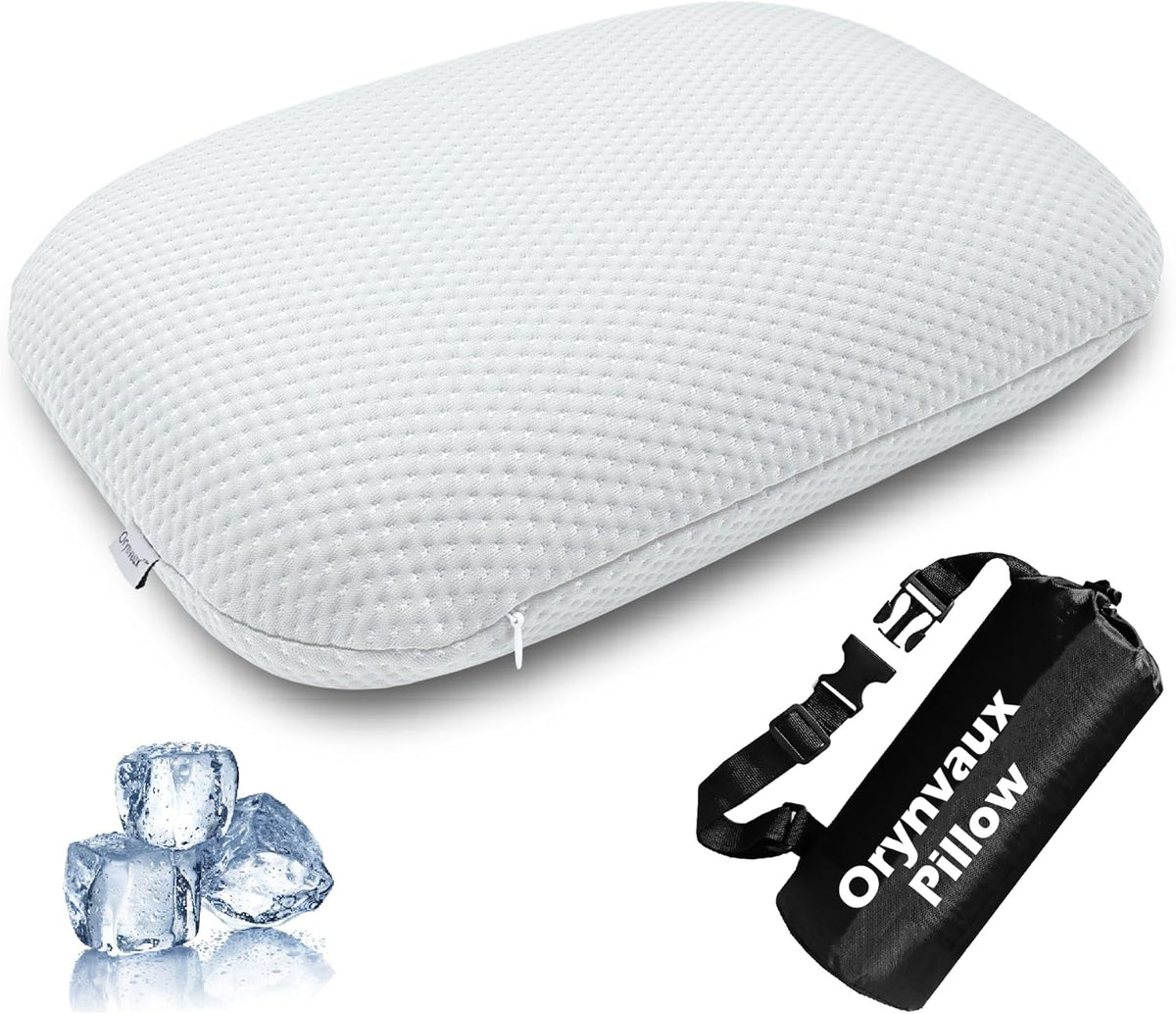 Cooling Travel Pillow, Small Memory Foam Camping Pillow with Adjustable Buckle Strap & Storage Bag, Compact Small Pillow for Airplane, Car Lumbar, Office, Washable Cooling Cover, Quarry Grey