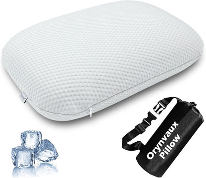 Cooling Travel Pillow, Small Memory Foam Camping Pillow with Adjustable Buckle Strap & Storage Bag, Compact Small Pillow for Airplane, Car Lumbar, Office, Washable Cooling Cover, Quarry Grey