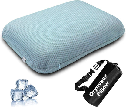 Cooling Travel Pillow, Small Memory Foam Camping Pillow with Adjustable Buckle Strap & Storage Bag, Compact Small Pillow for Airplane, Car Lumbar, Office, Washable Cooling Cover, Quarry Grey