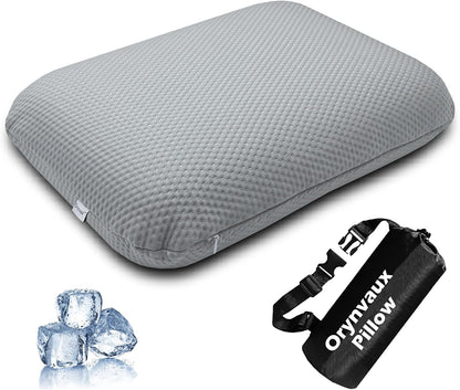 Cooling Travel Pillow, Small Memory Foam Camping Pillow with Adjustable Buckle Strap & Storage Bag, Compact Small Pillow for Airplane, Car Lumbar, Office, Washable Cooling Cover, Quarry Grey