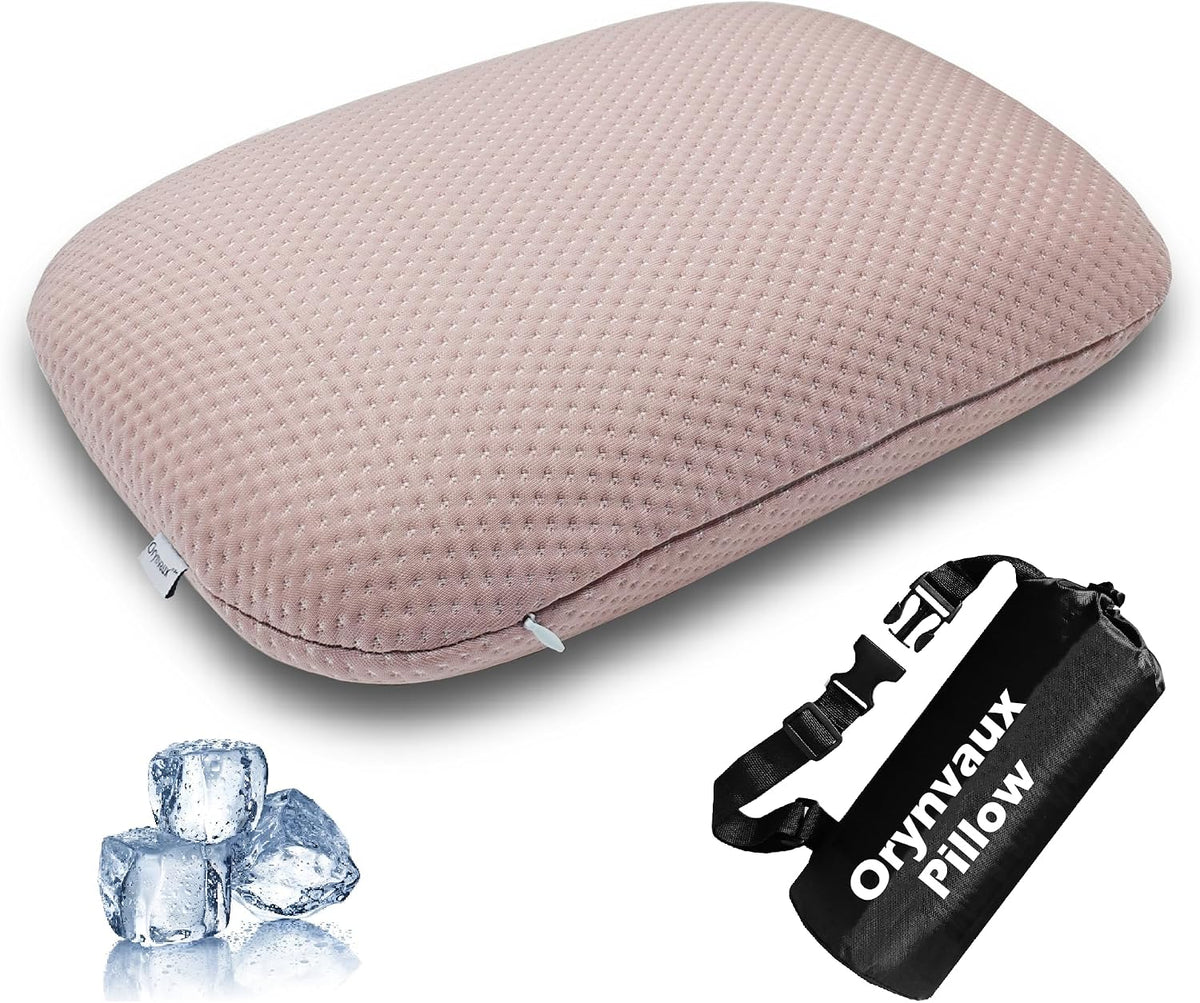 Cooling Travel Pillow, Small Memory Foam Camping Pillow with Adjustable Buckle Strap & Storage Bag, Compact Small Pillow for Airplane, Car Lumbar, Office, Washable Cooling Cover, Quarry Grey